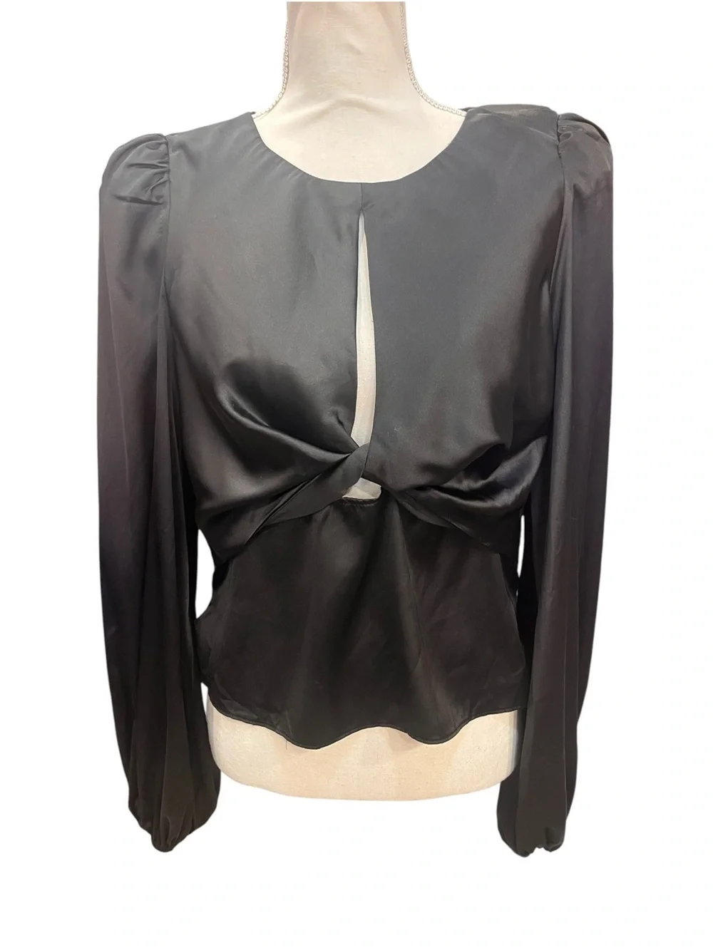 ASTR The Label Black Satin Twist Front Cutout Puff Sleeve Peplum Top L NWT